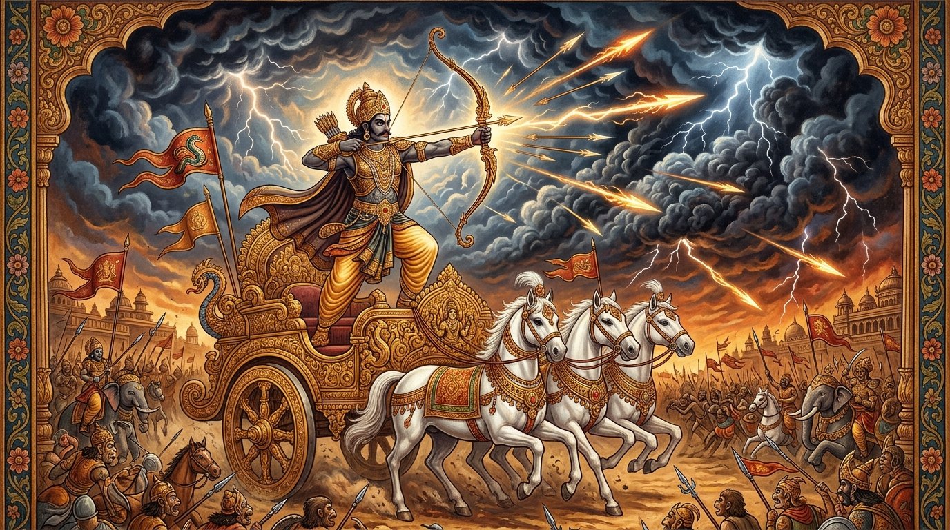 Meghnad Indrajit commanding cosmic celestial lightning arrows from golden chariots